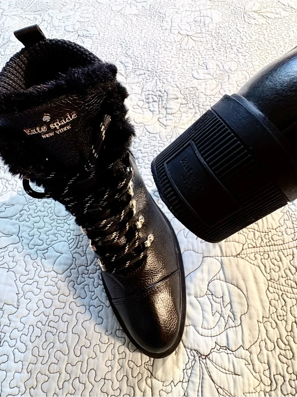 💥Kate Spade Walker Black Leather Faux Fur Knit Collar Heeled Booties Sz 10B🧡